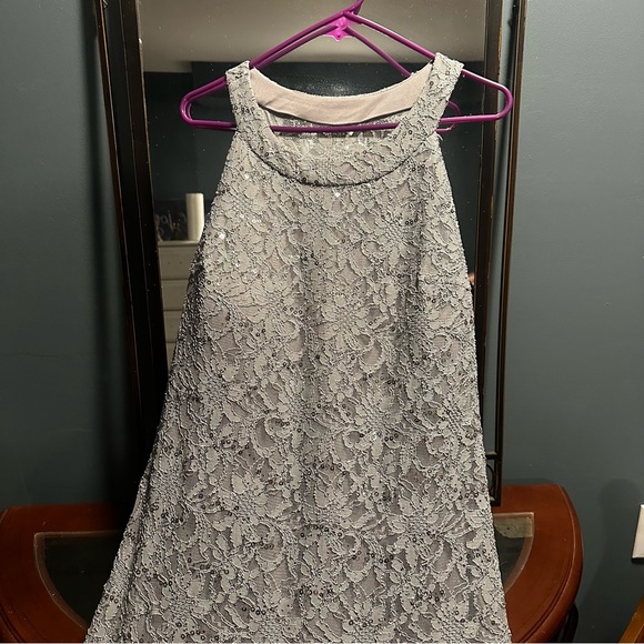 R & M Richards Sequin Lacey Silver Gown - Picture 2 of 9